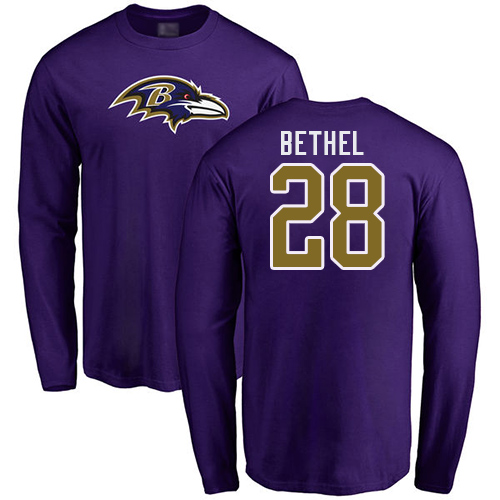Men Baltimore Ravens Purple Justin Bethel Name and Number Logo NFL Football #28 Long Sleeve T Shirt->nfl t-shirts->Sports Accessory